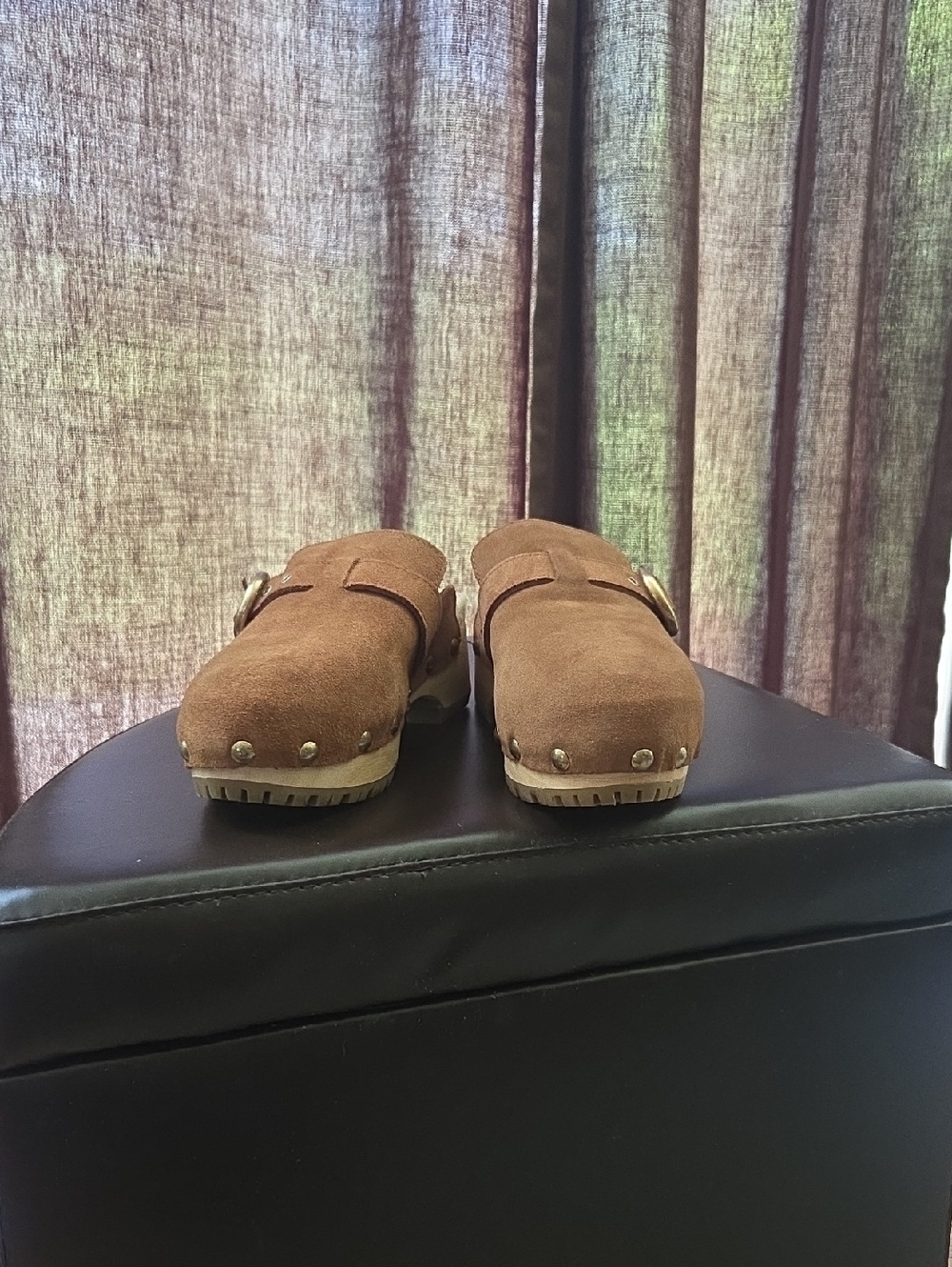 Women's Brown Suede Clog Mules with Studded Trim